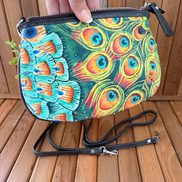 Sharif Peacock Feather Artsy Y2K Boho Crossbody w/Chain Shoulder Strap Statement - Picture 10 of 11